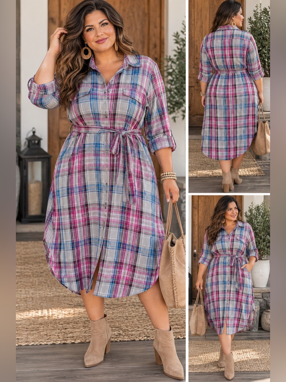 Lane Bryant 24 Plaid Belted Shirt Dress Pink Gray Teal Fall